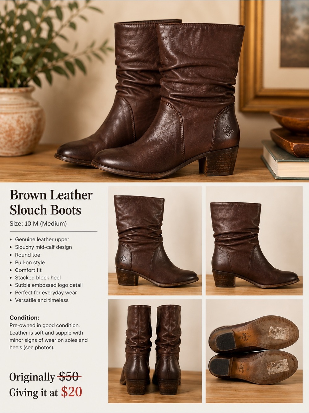 Patricia Nash Brown Leather Slouch Mid-Calf Boots